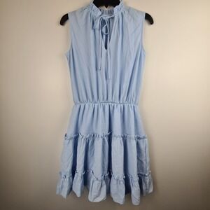 Tiered Ruffle Mini Dress Light Blue Sleeveless High Neck Tie Front Small Summer